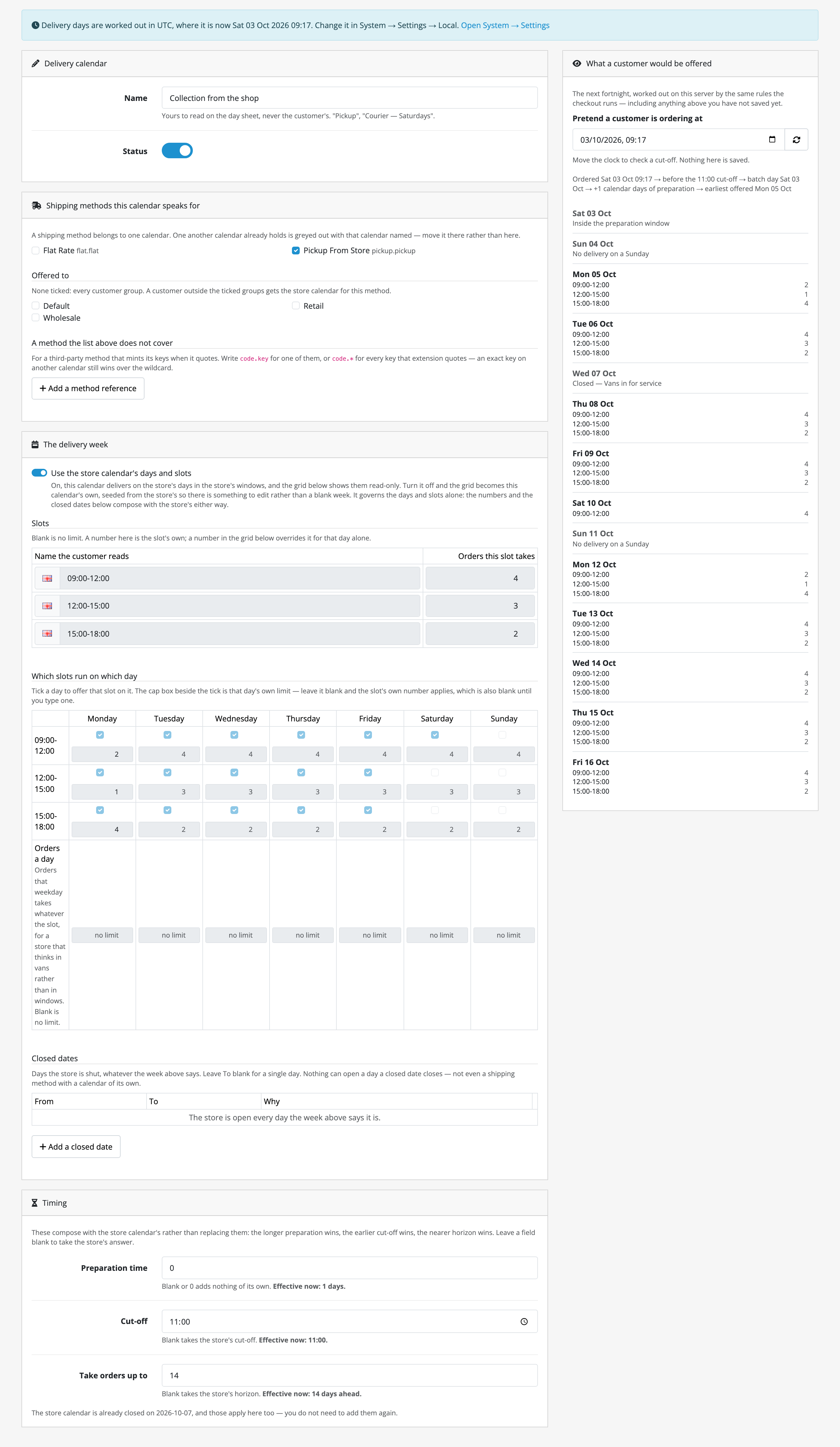 A per-method calendar. Its name, the shipping methods it speaks for with Pickup ticked and the flat rate left to the store calendar, and “Use the store calendar’s days and slots” switched on, under which the whole week grid is rendered greyed out and uneditable, showing what the calendar is taking from the store. Below it the timing fields, each with an “Effective now” line naming the number actually in force: the store’s preparation, this calendar’s own earlier cut-off, its nearer horizon. On the right, the preview for this calendar.