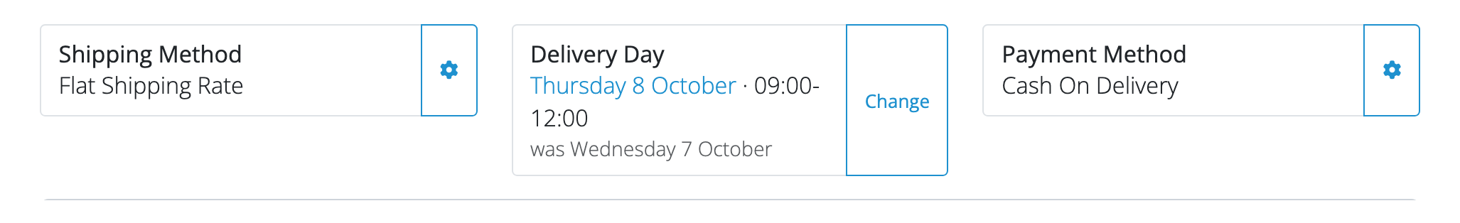 Core’s own order page, the row carrying Shipping Method, Delivery Day and Payment Method side by side. Delivery Day names the day as a link into the planner with the window beside it, and under it a muted “was …” line naming the day this booking was moved from.