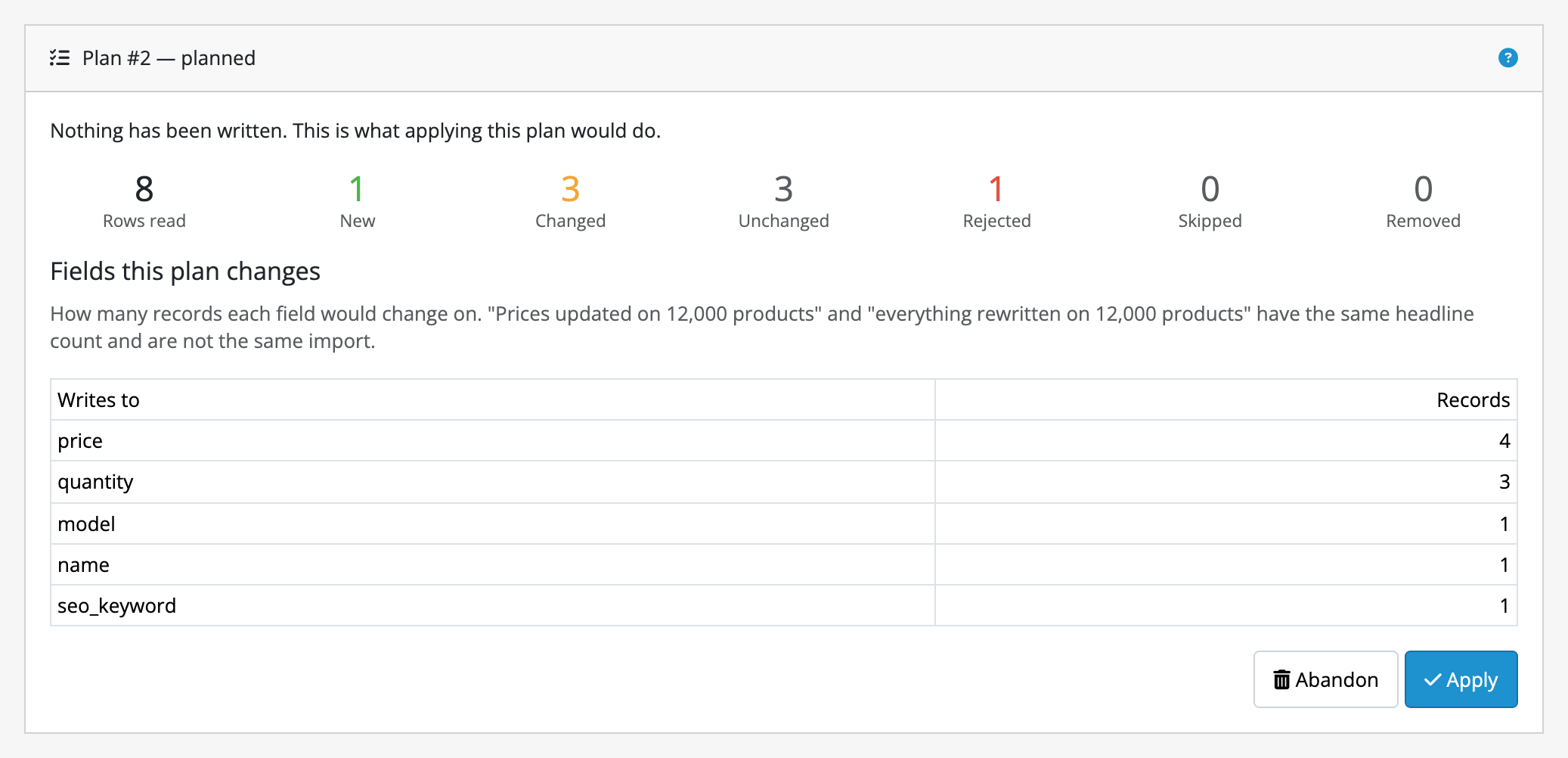 The plan summary card: seven counts across one row, among them rows read, new, changed, unchanged and rejected.