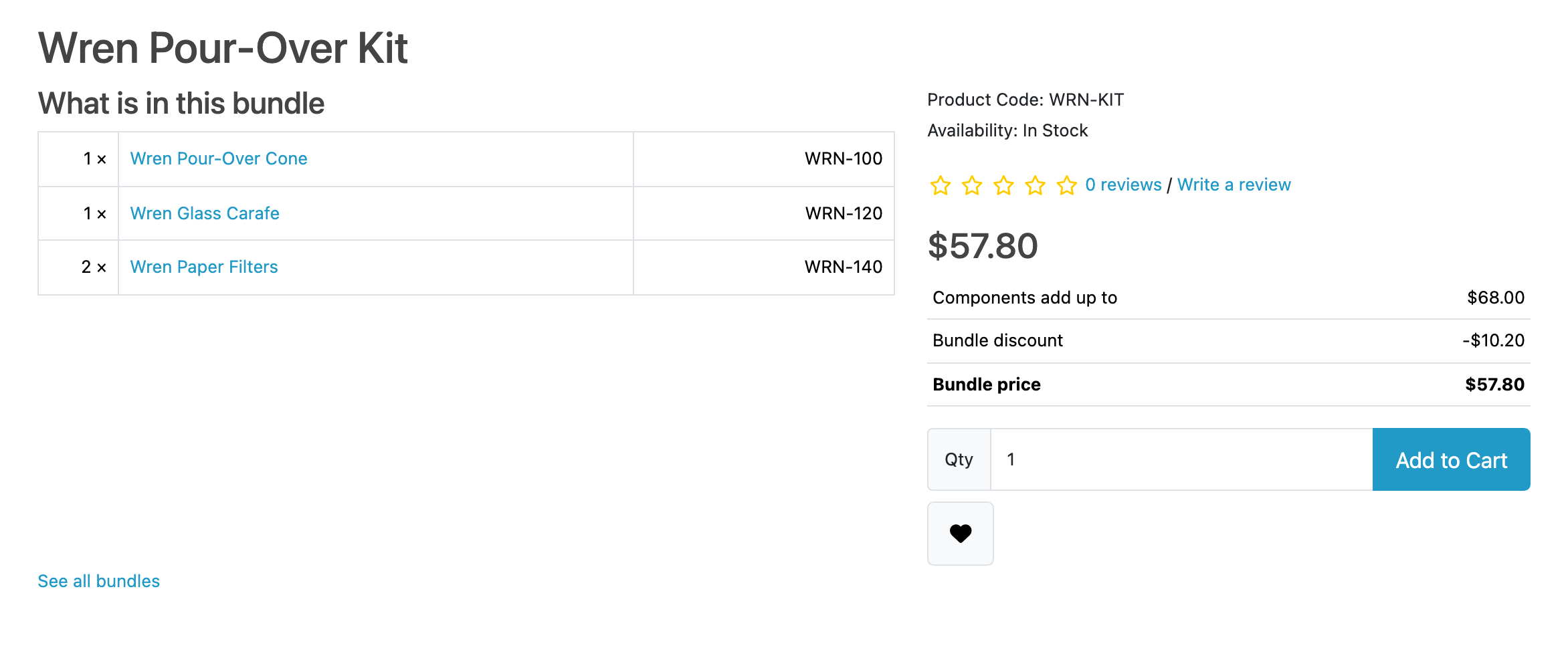 A bundle’s own page in the storefront. “What is in this bundle” lists three products with a quantity and a model number each; beside it the price stands at $57.80 over a breakdown reading components add up to $68.00, bundle discount −$10.20, bundle price $57.80, with availability, a quantity box and one Add to Cart button.