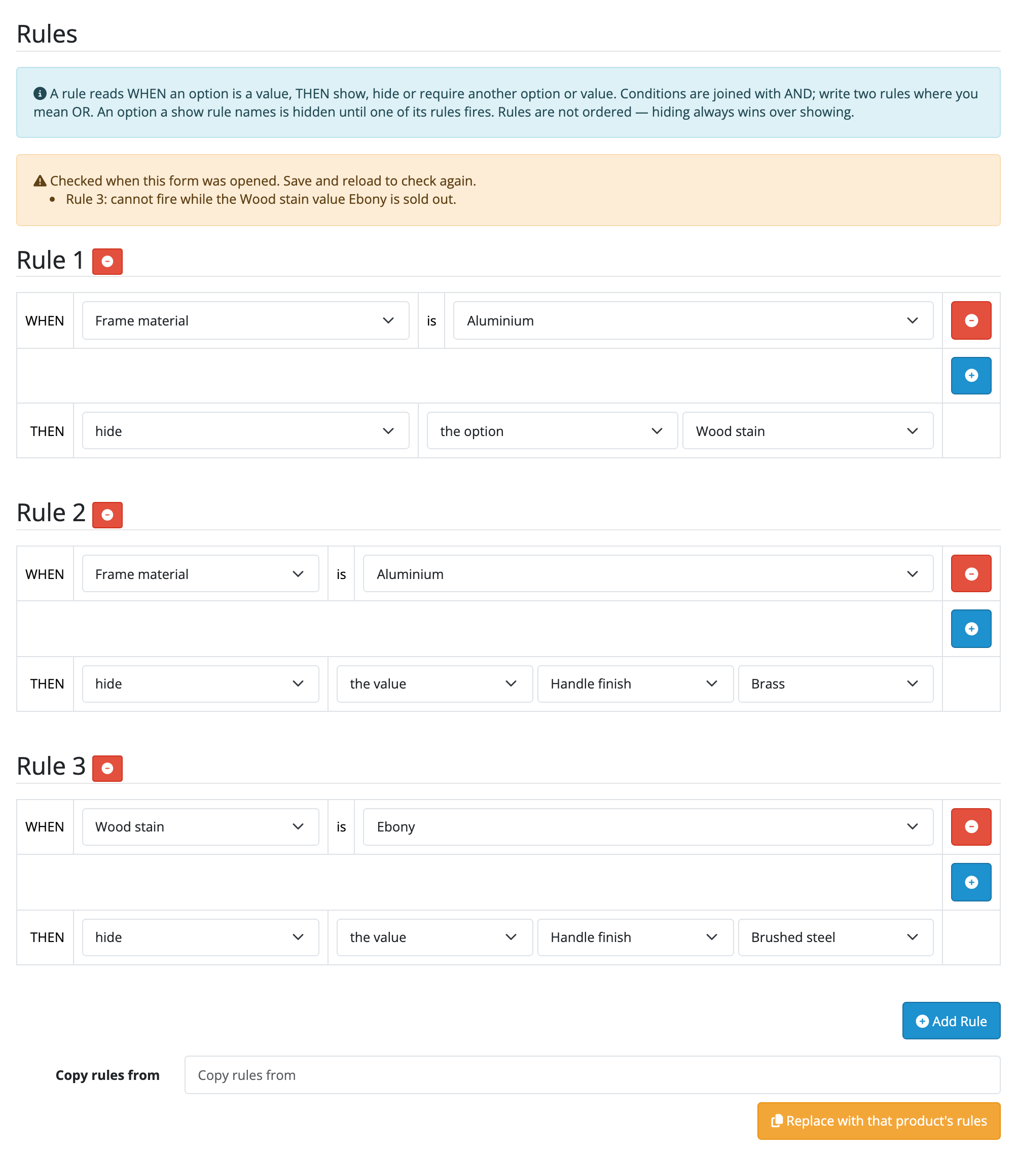 The Configurator tab on a product’s edit form, carrying two rules. Rule 1 reads WHEN Frame material is Aluminium THEN hide the option Wood stain; Rule 2 reads WHEN Frame material is Aluminium THEN hide the value Brass of Handle finish. Each line is a row of dropdowns, with a plus button to add a condition and an Add Rule button underneath.