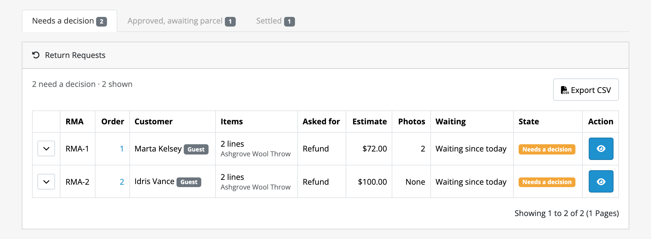 Sales → Return Requests on the “Needs a decision” tab, which carries a count of 2, beside “Approved, awaiting parcel” at 1 and “Settled” at 1. Under a heading reading “2 need a decision · 2 shown”, an Export CSV button on the right and a table of two requests: RMA-1 and RMA-2, their order numbers, the customers (both badged Guest), how many lines, what was asked for, the estimate, how many photos, how long they have been waiting, and a “Needs a decision” state badge on each.