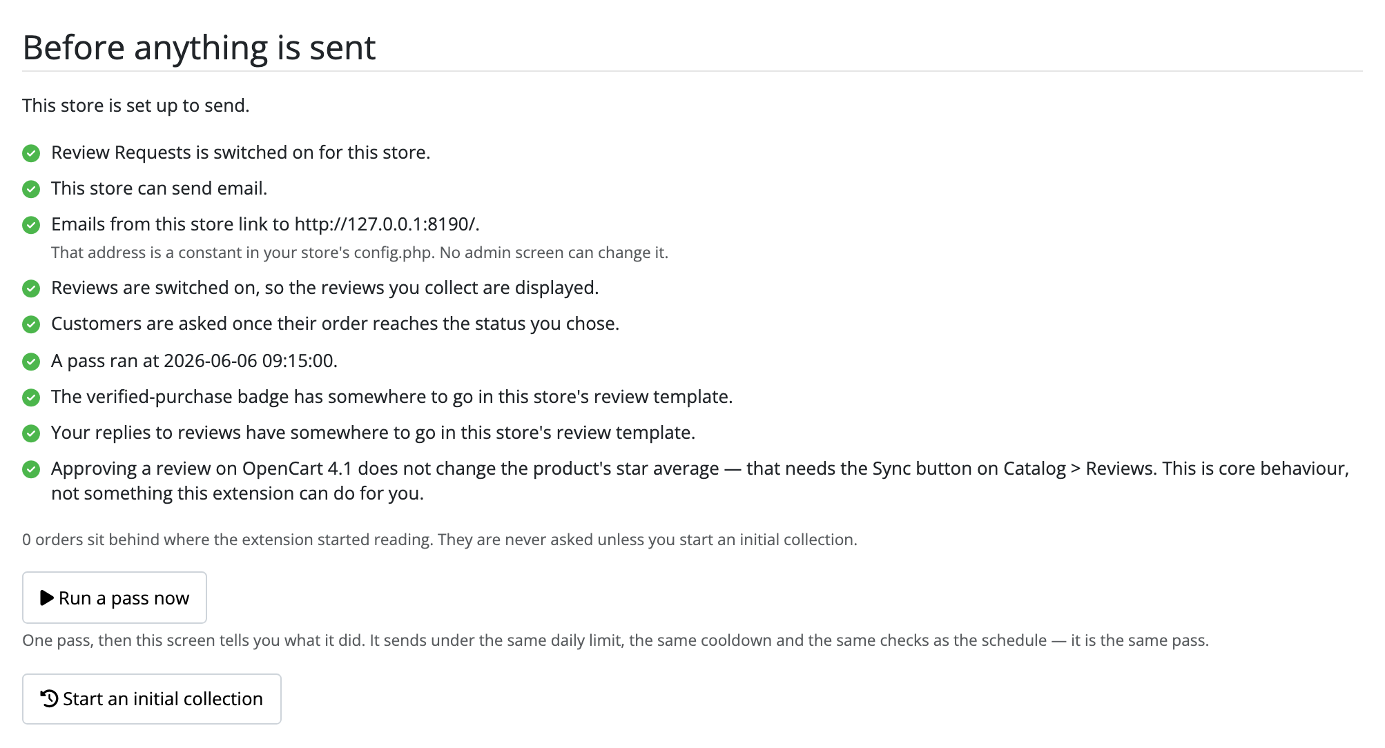 The “Before anything is sent” checklist at the top of the Settings tab, reading “This store is set up to send.” Seven green ticks: this store can send email; emails from this store link to http://127.0.0.1:8090/, with a note that the address is a constant in config.php and no admin screen can change it; reviews are switched on so the reviews you collect are displayed; customers are asked once their order reaches the status you chose; a pass ran at 2026-08-29 09:57:43; the verified-purchase badge has somewhere to go in this store’s review template; and approving a review on OpenCart 4.1 does not change the star average. Under them a line saying 0 orders sit behind where the extension started reading, a “Run a pass now” button, and a “Start an initial collection” button.