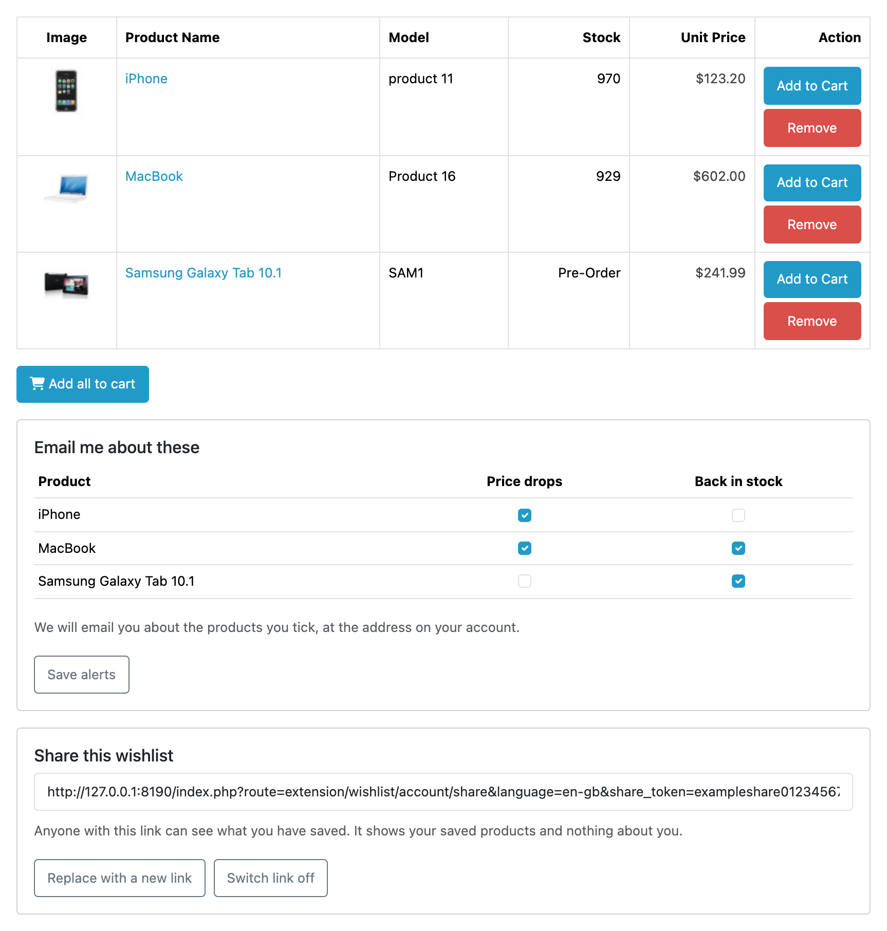 A shopper's wishlist page. At the top, a table of three saved products (iPhone, MacBook and Samsung Galaxy Tab 10.1), each row giving a thumbnail, the model, the stock (970, 929 and “Pre-Order”), the unit price, and an Add to Cart button above a red Remove button. Under the table, a blue “Add all to cart” button. Below that a panel headed “Email me about these”, listing the same three products against two tick-box columns, Price drops and Back in stock, some ticked and some not, with the note “We will email you about the products you tick, at the address on your account.” and a Save alerts button. At the foot, a panel headed “Share this wishlist” holding a read-only share URL, the line “Anyone with this link can see what you have saved. It shows your saved products and nothing about you.”, and two buttons: “Replace with a new link” and “Switch link off”.